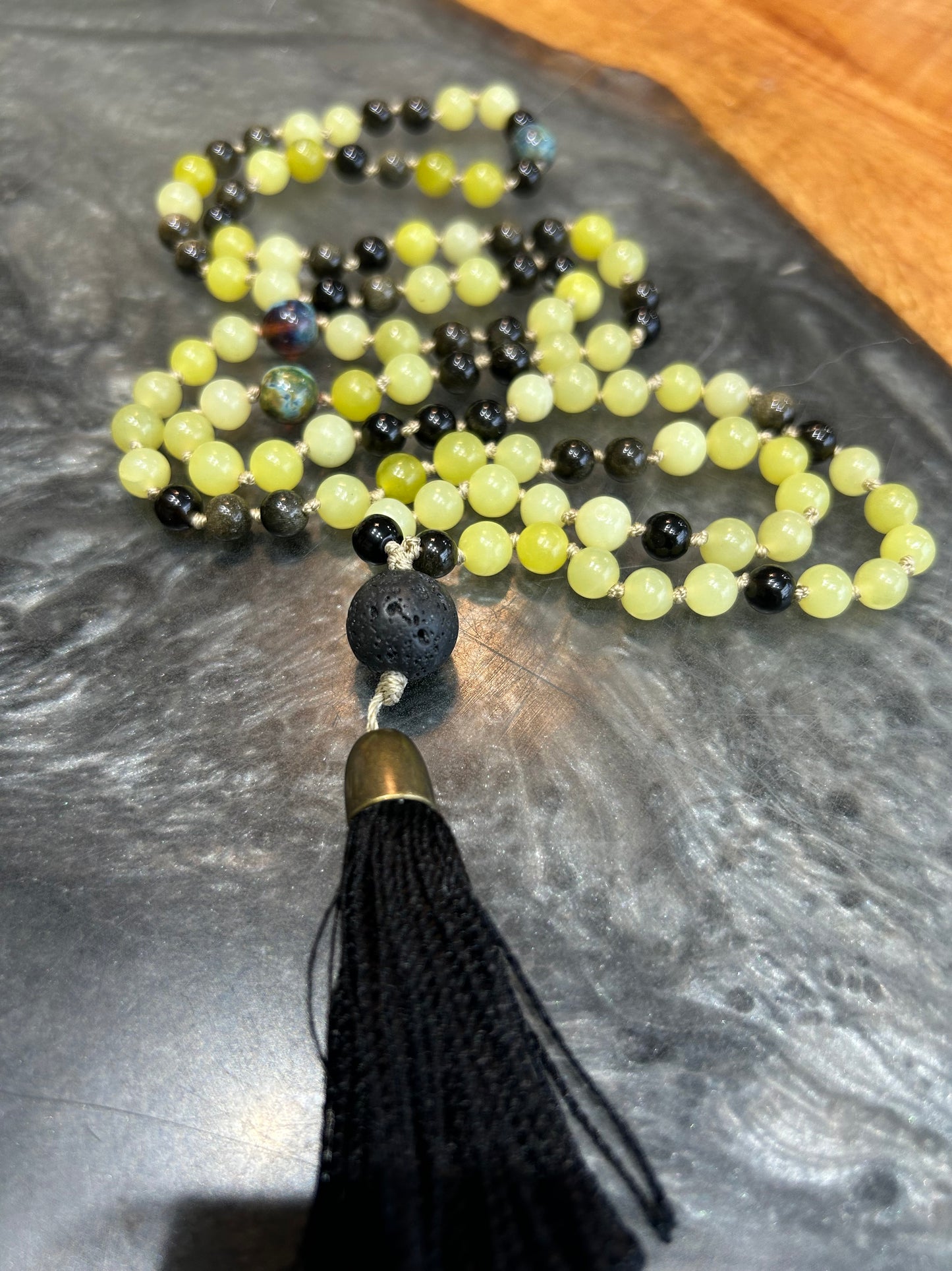 Yellow jade + black obsidian Mala