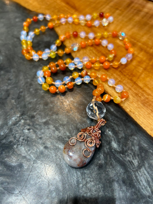 Agate, opal , flower agate pendant Mala necklace