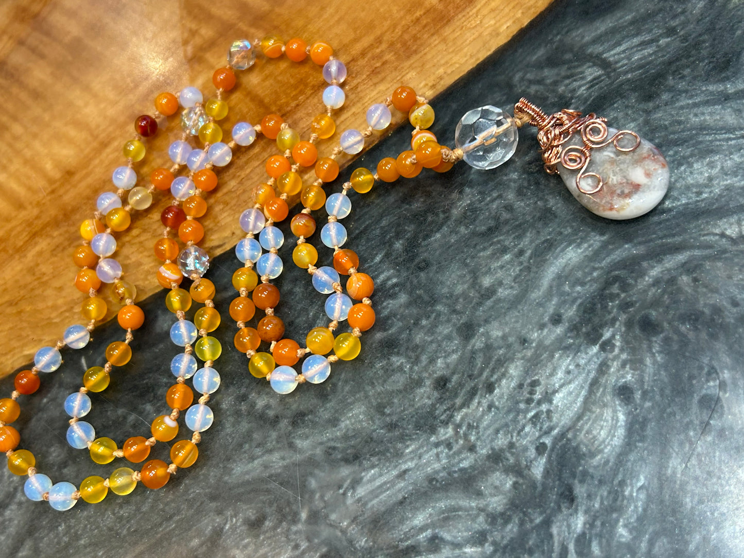 Agate, opal , flower agate pendant Mala necklace