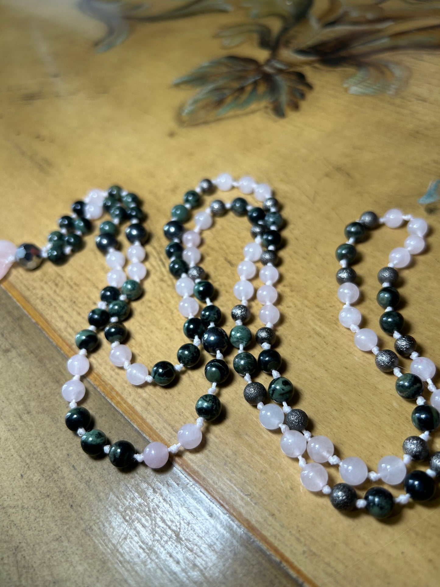 Kambaba Jasper, rose quartz Mala necklace