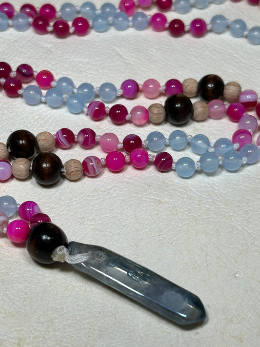 Pink agate , angelite Mala necklace
