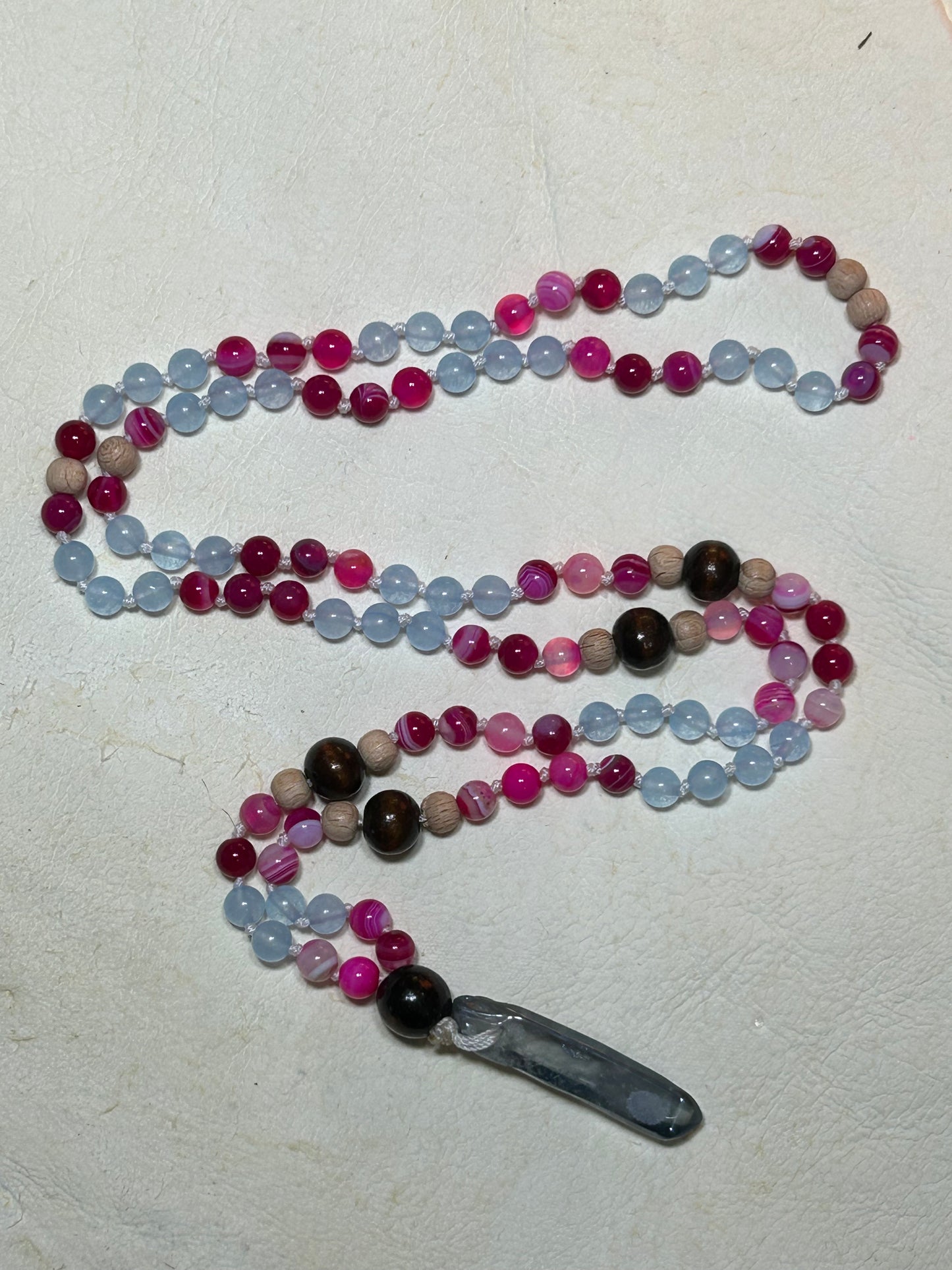 Pink agate , angelite Mala necklace