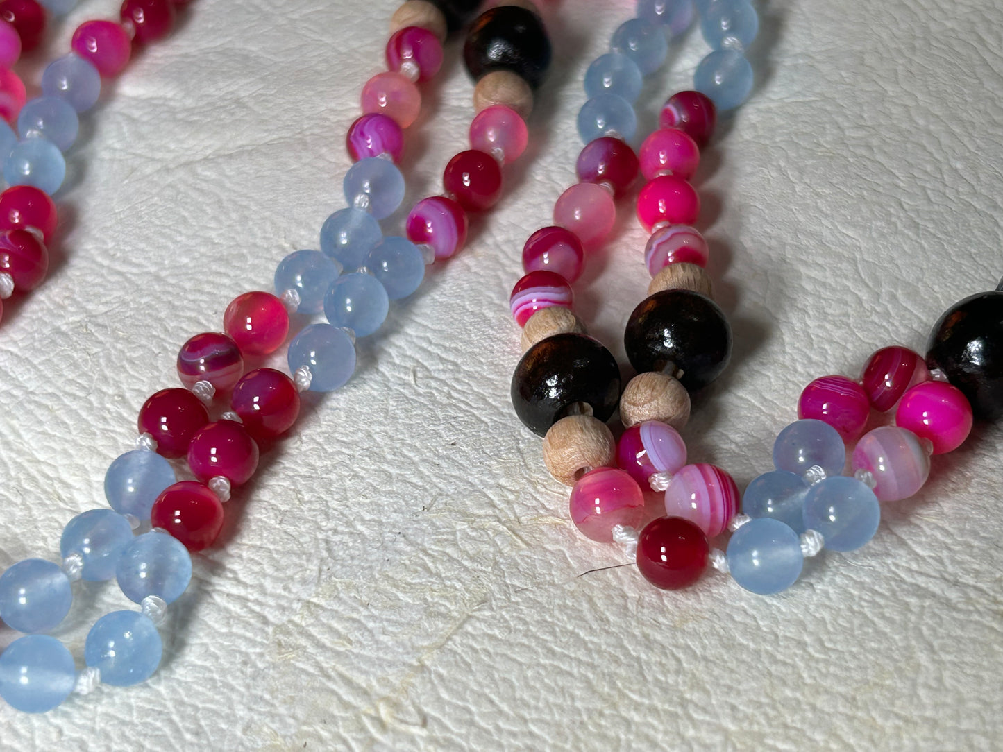 Pink agate , angelite Mala necklace