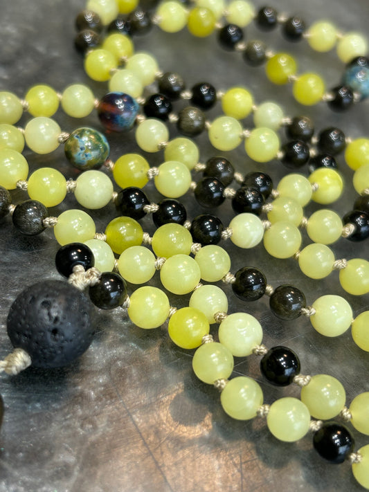Yellow jade + black obsidian Mala