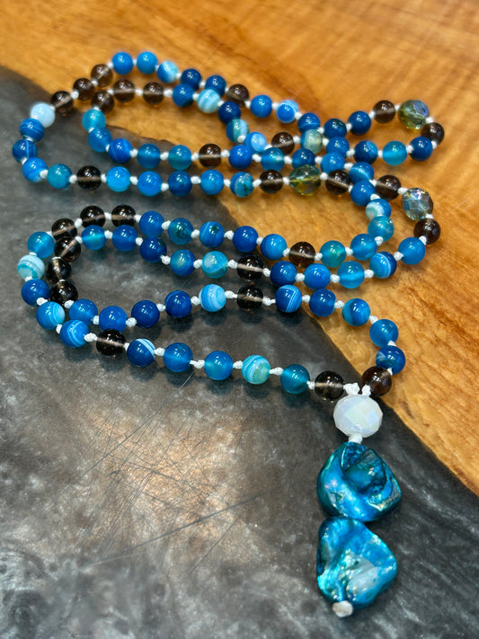 Blue agate, smoky quartz Mala necklace