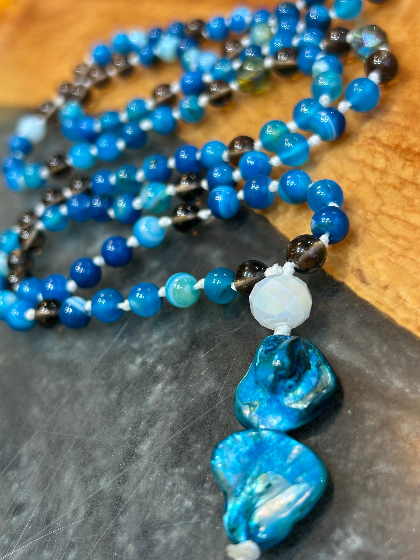 Blue agate, smoky quartz Mala necklace