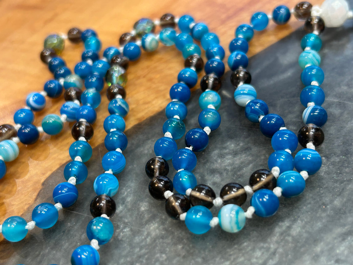 Blue agate, smoky quartz Mala necklace