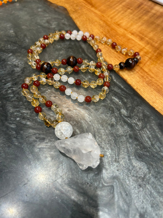 Citrine ,carnelian , white jade Mala necklace