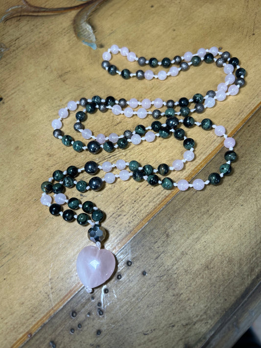 Kambaba Jasper, rose quartz Mala necklace